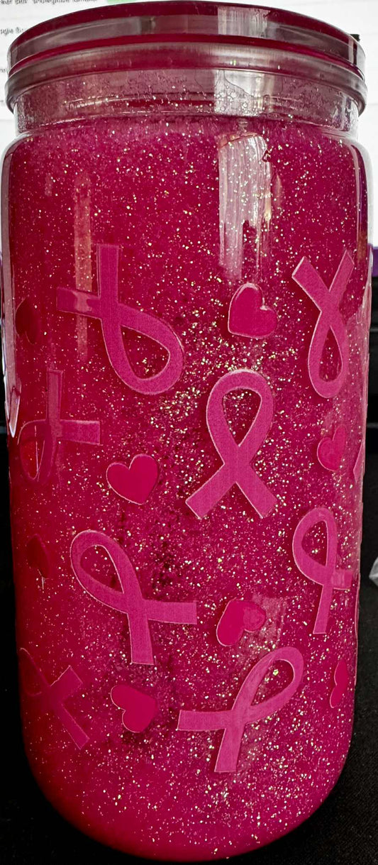 16 oz "Pink ribbon" snowglobe tumbler